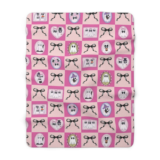 Pink Ghost Patchwork Sherpa Blanket - Cute Halloween Cozy Throw for Kids & Teens
