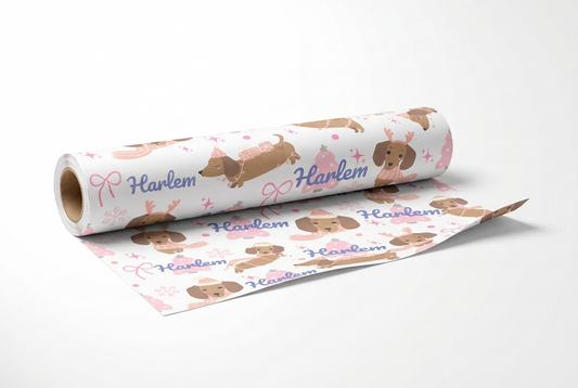 Personalized Pink Christmas Wrapping Paper – Custom Name Dachshund & Bow Holiday Gift Wrap