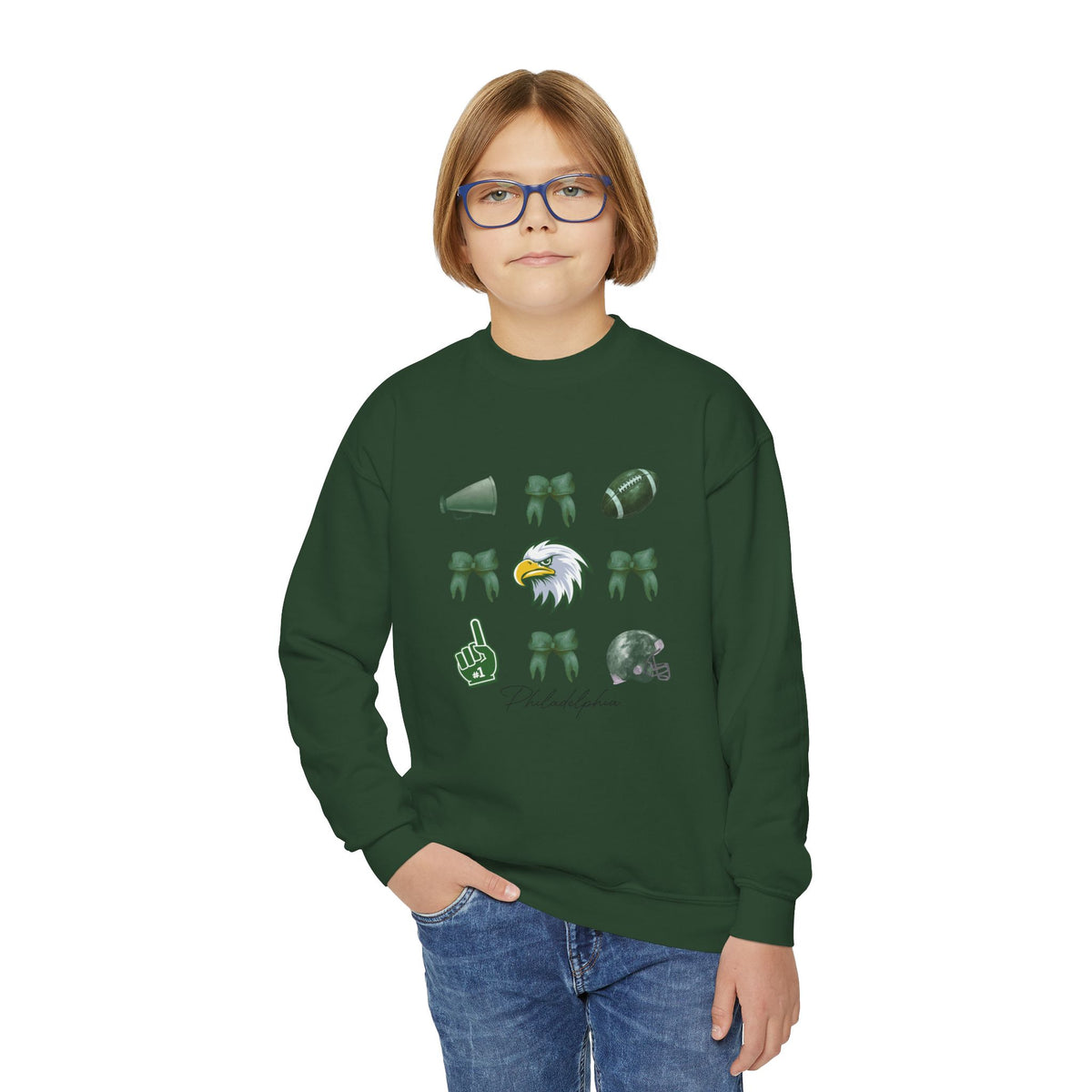 Youth Football Crewneck Sweatshirt — Eagles Helmet & Spirit Icons