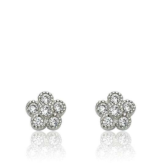 LMTS Little Miss Flower Girl Rhodium Plated Cubic Zirconia Small Flower Stud Earring/ Brass