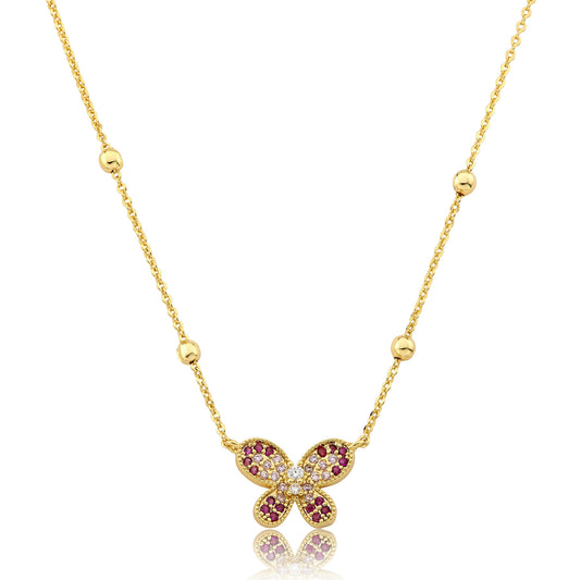 14K Gold Plated CZ Butterfly Pendant On Bead Station Necklace