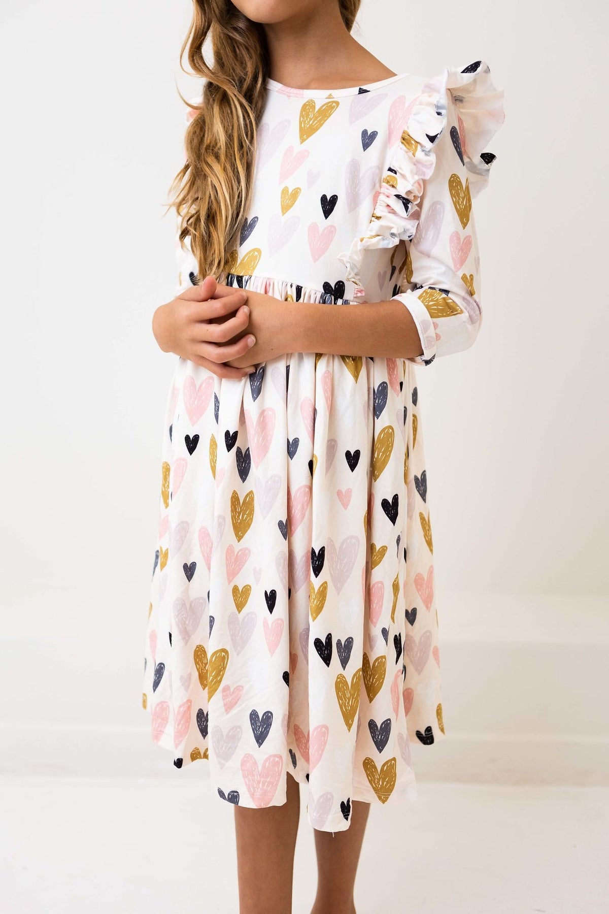 Girls Ruffle Twirl Dress | I Heart You 3/4 Sleeve Dress