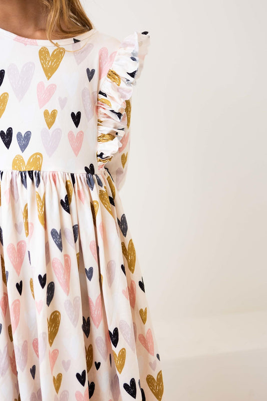 Girls Ruffle Twirl Dress | I Heart You 3/4 Sleeve Dress