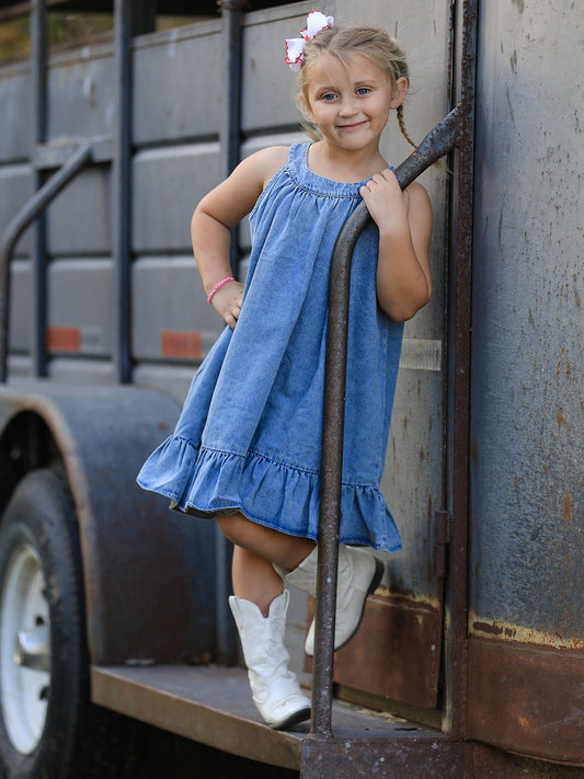 Girls Denim Ruffle Trim A-Line Dress | Kids Casual Denim Dress