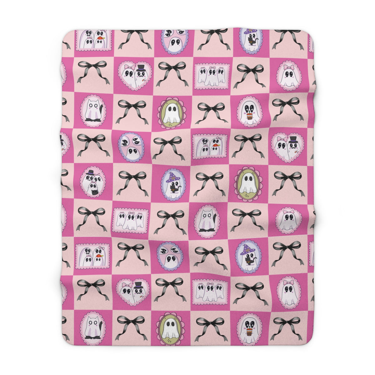 Pink Ghost Patchwork Sherpa Blanket - Cute Halloween Cozy Throw for Kids & Teens