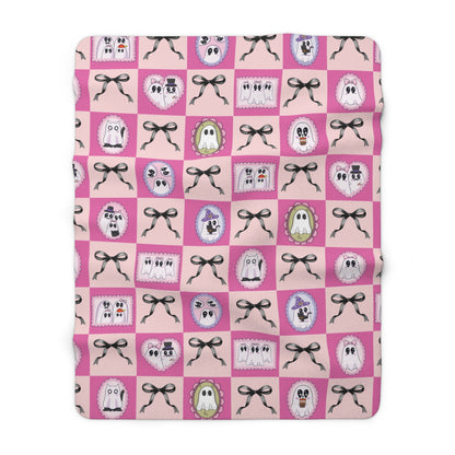 Pink Ghost Patchwork Sherpa Blanket - Cute Halloween Cozy Throw for Kids & Teens