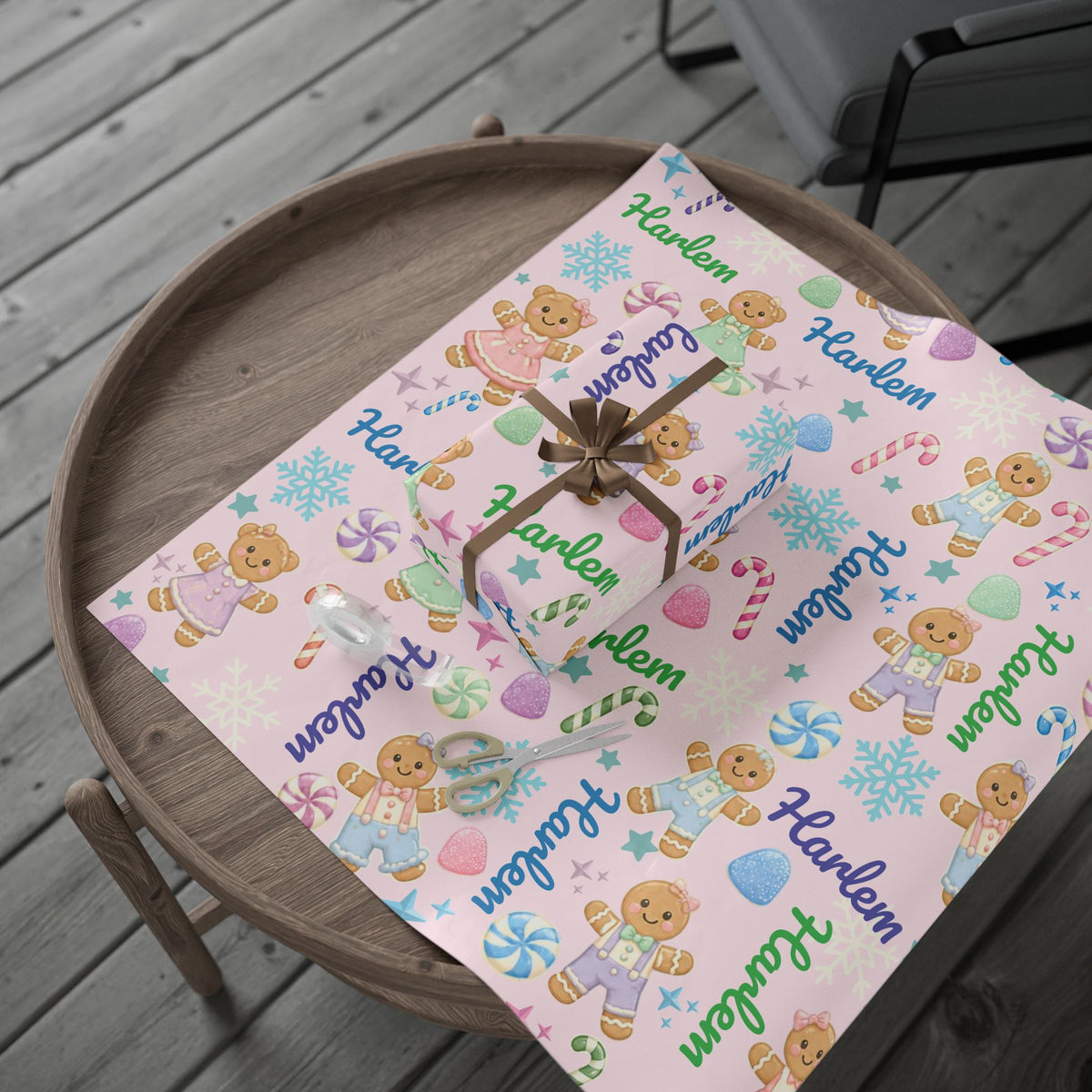 Personalized Pastel Gingerbread Bear Christmas Wrapping Paper | Custom Holiday Gift Wrap Roll for Kids & Girls | Cute Candy & Snowflake Gift Wrap