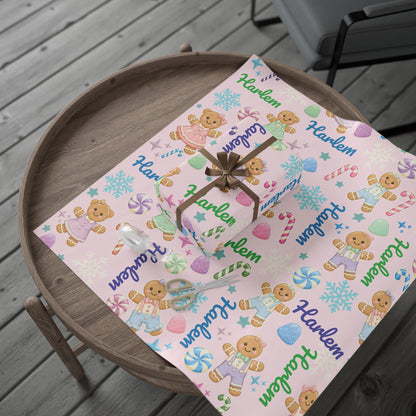 Personalized Pastel Gingerbread Bear Christmas Wrapping Paper | Custom Holiday Gift Wrap Roll for Kids & Girls | Cute Candy & Snowflake Gift Wrap
