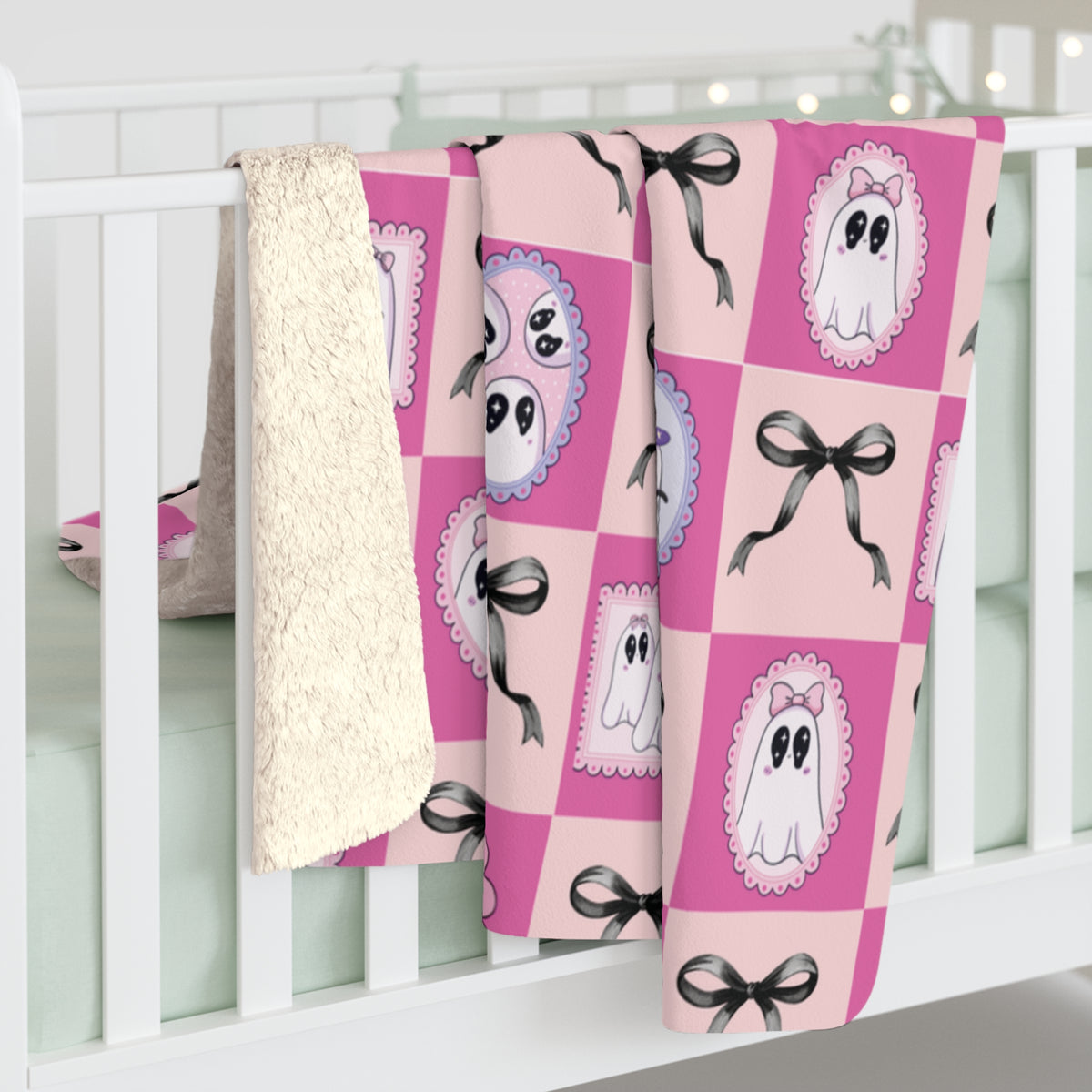 Pink Ghost Patchwork Sherpa Blanket - Cute Halloween Cozy Throw for Kids & Teens