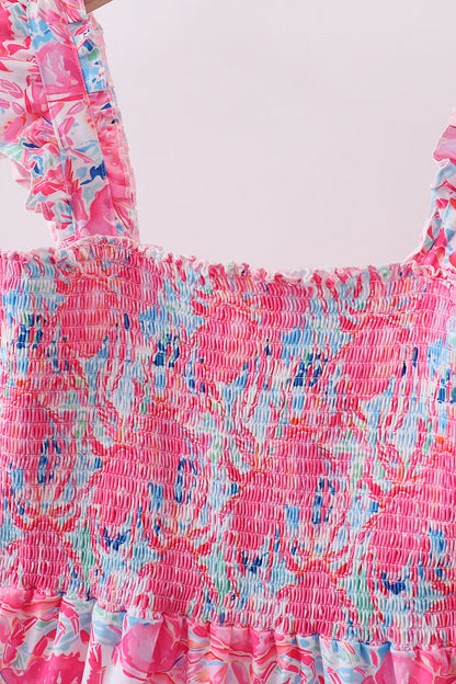 Pink floral smocked ruffle mom&me tiered dress