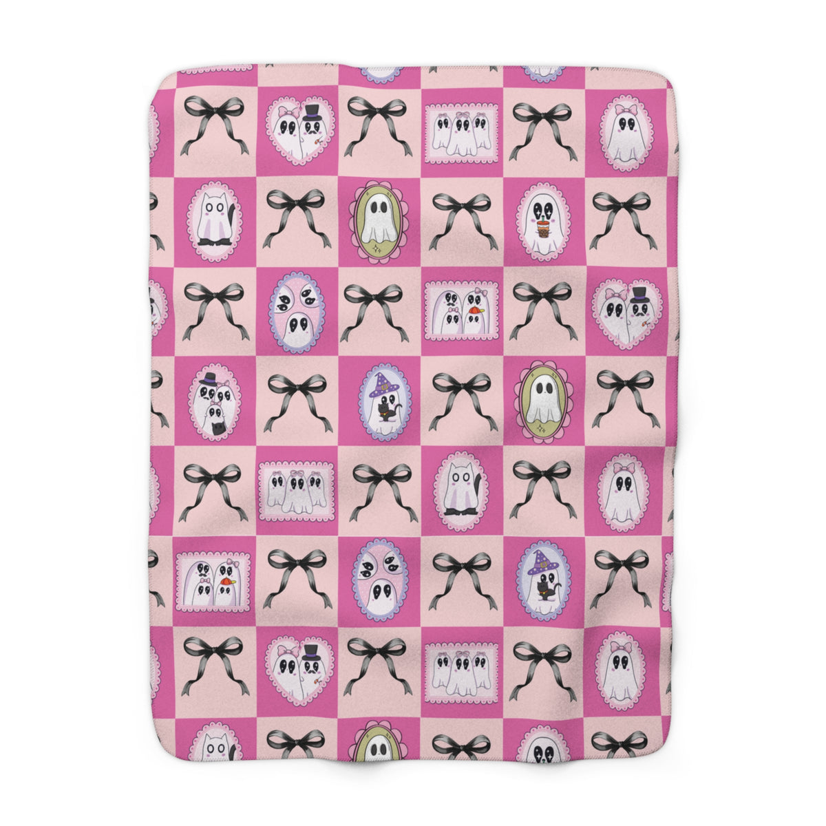 Pink Ghost Patchwork Sherpa Blanket - Cute Halloween Cozy Throw for Kids & Teens