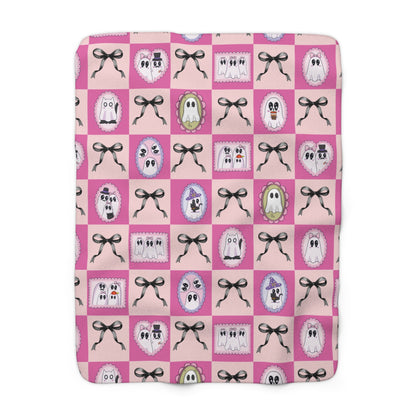Pink Ghost Patchwork Sherpa Blanket - Cute Halloween Cozy Throw for Kids & Teens