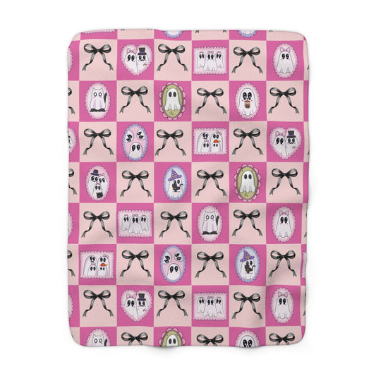 Pink Ghost Patchwork Sherpa Blanket - Cute Halloween Cozy Throw for Kids & Teens