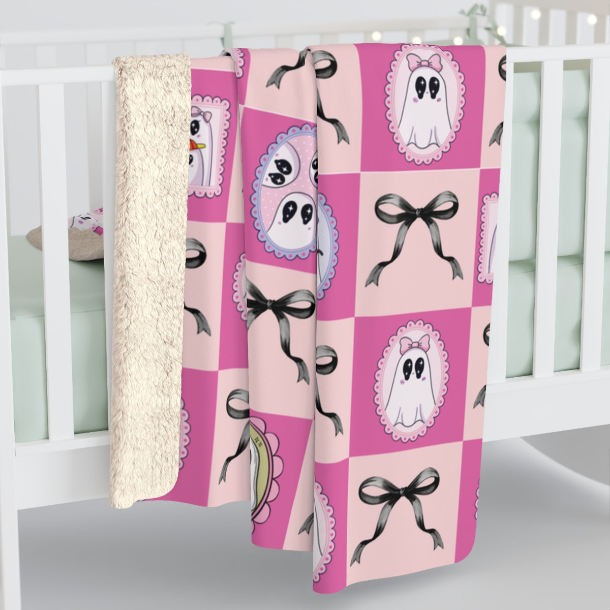 Pink Ghost Patchwork Sherpa Blanket - Cute Halloween Cozy Throw for Kids & Teens
