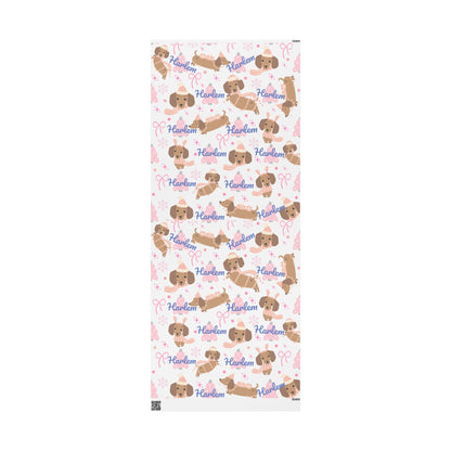 Personalized Pink Christmas Wrapping Paper – Custom Name Dachshund & Bow Holiday Gift Wrap