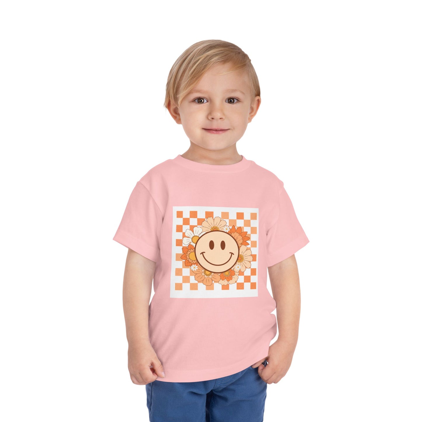 Sunflower Smiley Toddler Tee — Retro Checkered Happy Face Shirt