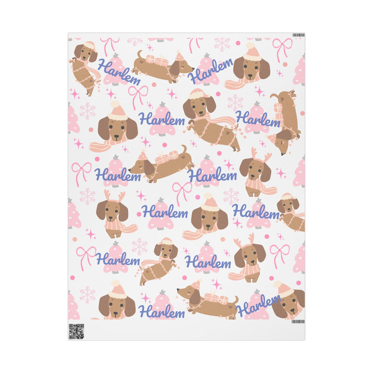 Personalized Pink Christmas Wrapping Paper – Custom Name Dachshund & Bow Holiday Gift Wrap