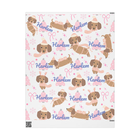 Personalized Pink Christmas Wrapping Paper – Custom Name Dachshund & Bow Holiday Gift Wrap
