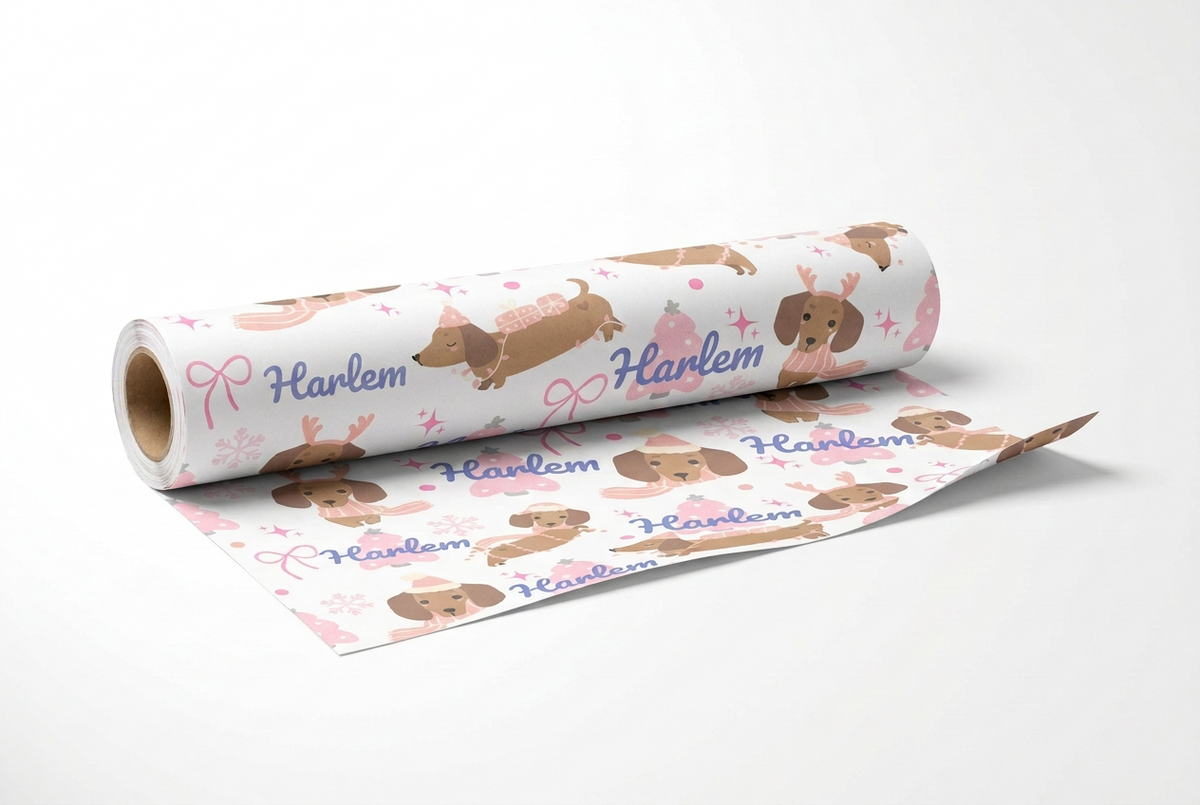 Personalized Pink Christmas Wrapping Paper – Custom Name Dachshund & Bow Holiday Gift Wrap