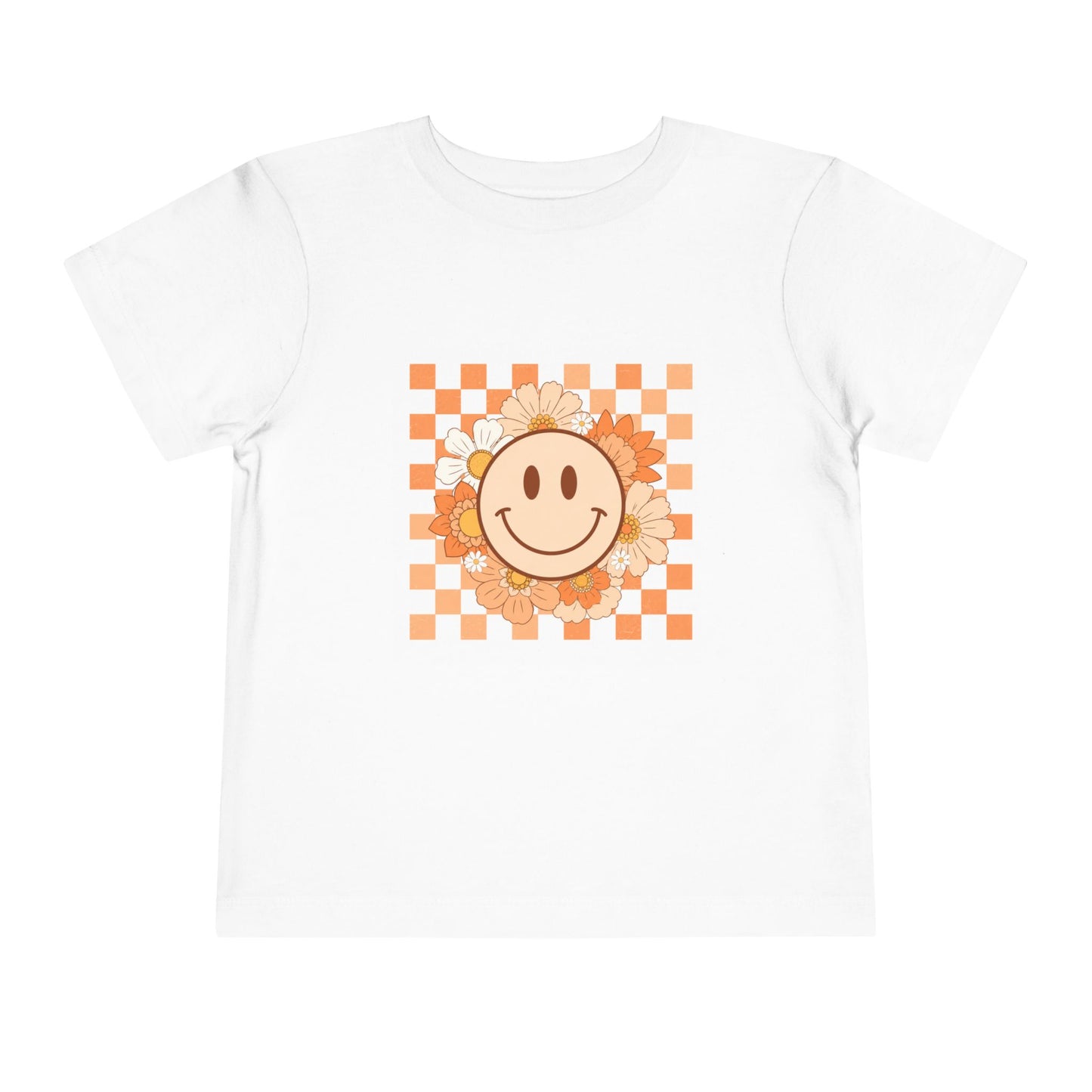 Sunflower Smiley Toddler Tee — Retro Checkered Happy Face Shirt
