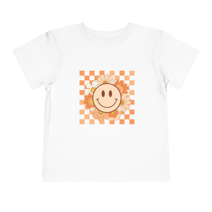 Sunflower Smiley Toddler Tee — Retro Checkered Happy Face Shirt