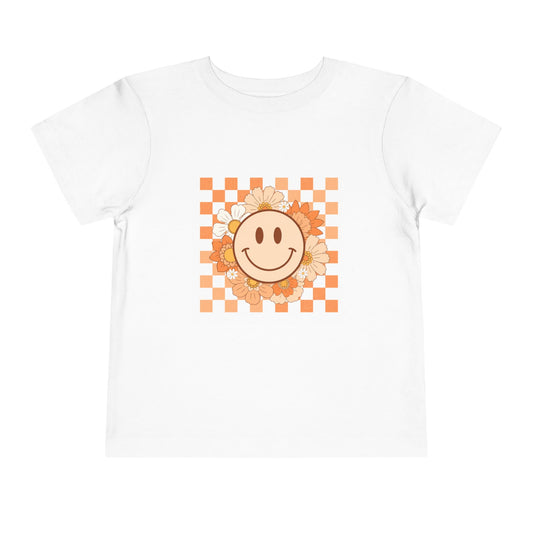 Sunflower Smiley Toddler Tee — Retro Checkered Happy Face Shirt