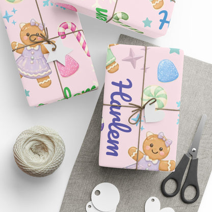 Personalized Pastel Gingerbread Bear Christmas Wrapping Paper | Custom Holiday Gift Wrap Roll for Kids & Girls | Cute Candy & Snowflake Gift Wrap