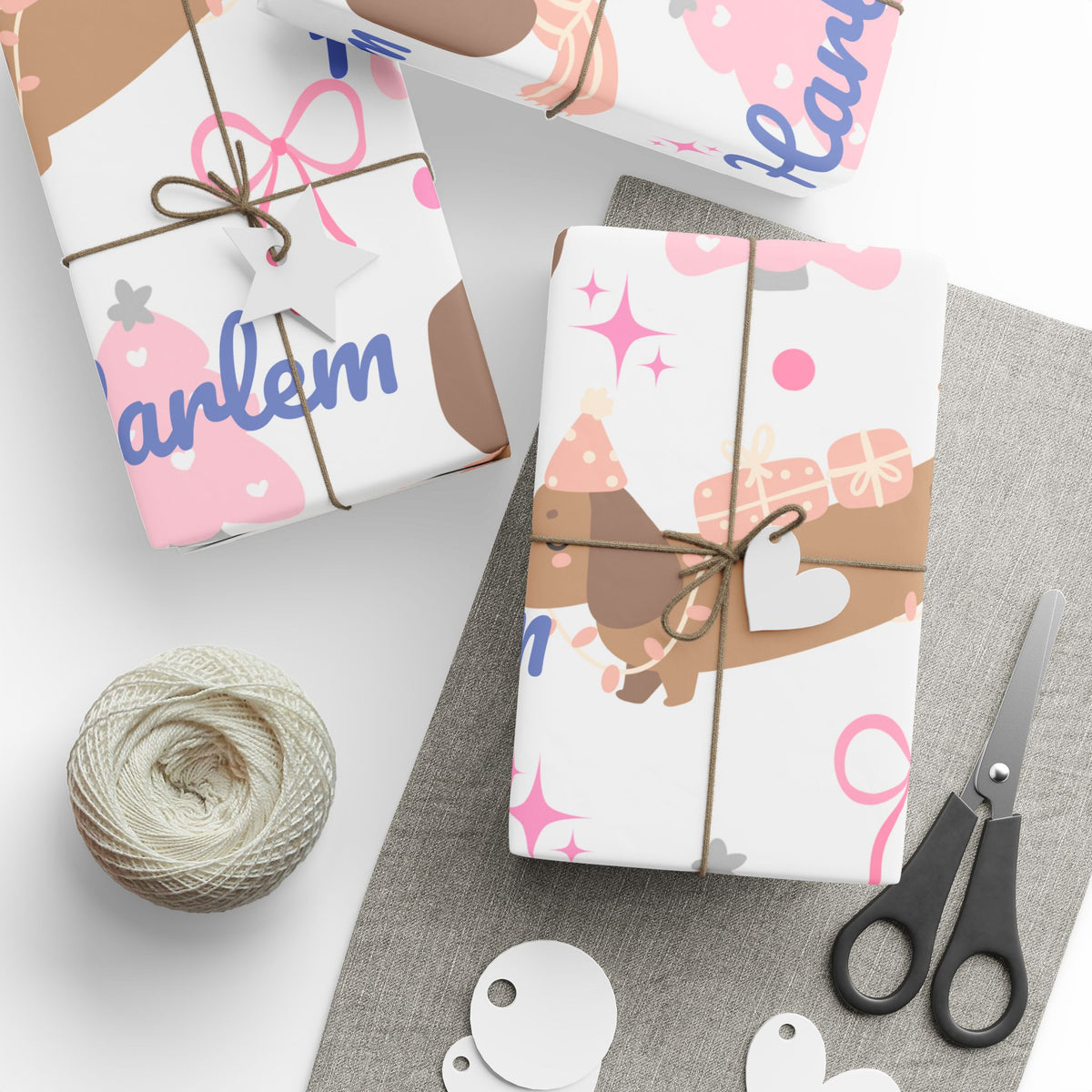 Personalized Pink Christmas Wrapping Paper – Custom Name Dachshund & Bow Holiday Gift Wrap