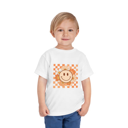 Sunflower Smiley Toddler Tee — Retro Checkered Happy Face Shirt