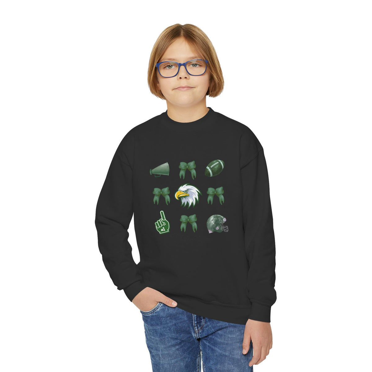 Youth Football Crewneck Sweatshirt — Eagles Helmet & Spirit Icons