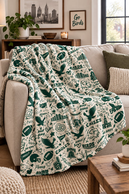 Custom Designed Philadelphia Eagles Sherpa Fleece Blanket – Vintage Team Icons Pattern