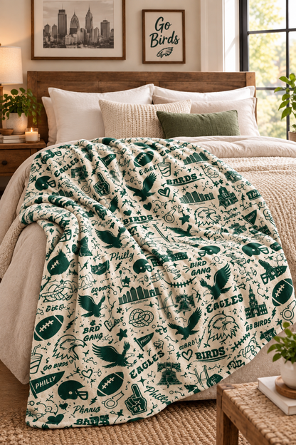 Custom Designed Philadelphia Eagles Sherpa Fleece Blanket – Vintage Team Icons Pattern