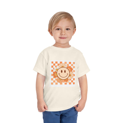 Sunflower Smiley Toddler Tee — Retro Checkered Happy Face Shirt
