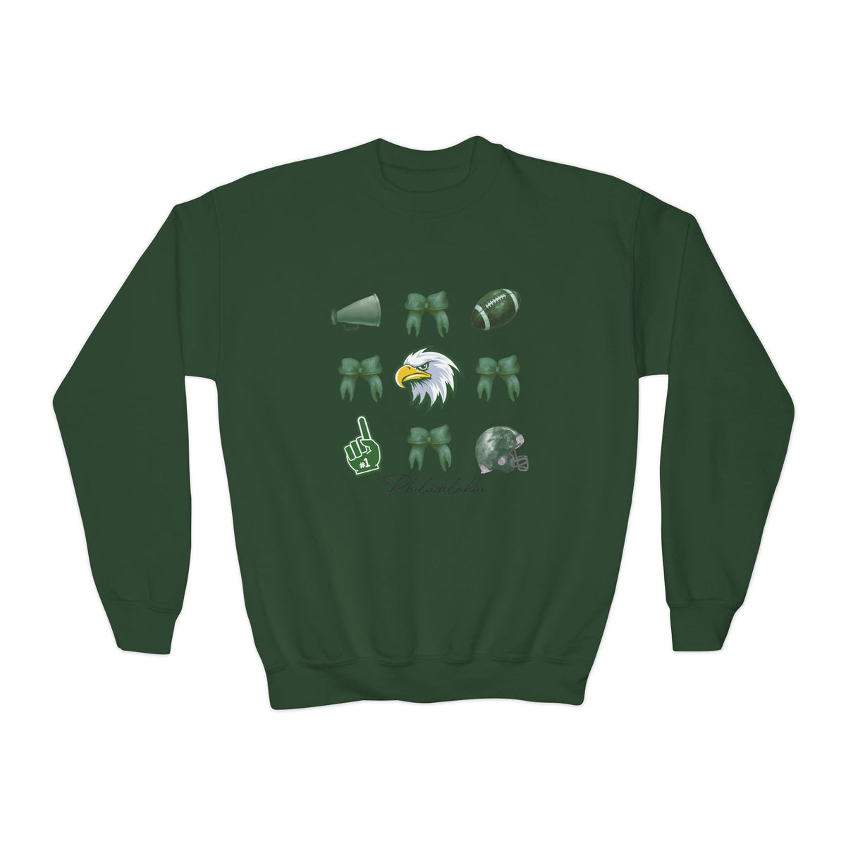 Youth Football Crewneck Sweatshirt — Eagles Helmet & Spirit Icons
