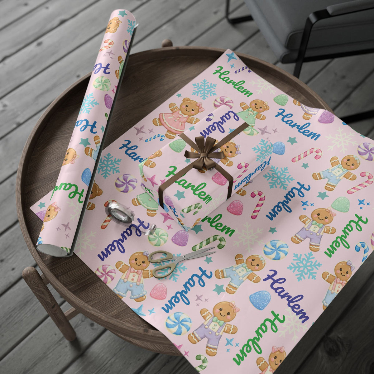 Personalized Pastel Gingerbread Bear Christmas Wrapping Paper | Custom Holiday Gift Wrap Roll for Kids & Girls | Cute Candy & Snowflake Gift Wrap
