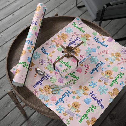 Personalized Pastel Gingerbread Bear Christmas Wrapping Paper | Custom Holiday Gift Wrap Roll for Kids & Girls | Cute Candy & Snowflake Gift Wrap