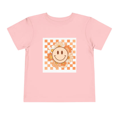 Sunflower Smiley Toddler Tee — Retro Checkered Happy Face Shirt