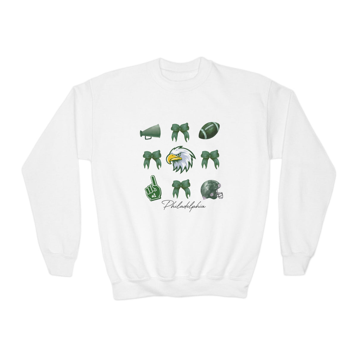 Youth Football Crewneck Sweatshirt — Eagles Helmet & Spirit Icons
