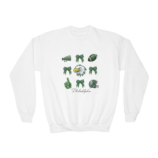 Youth Football Crewneck Sweatshirt — Eagles Helmet & Spirit Icons