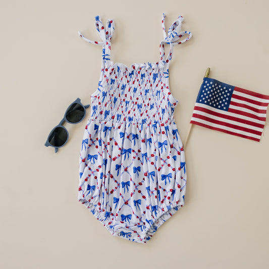 Smocked Bamboo Bubble Romper — Red White & Bows | Baby Girl Outfit