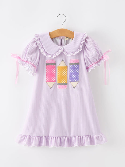Back To School Pencil Applique Girls Purple Dress Petals Collar Ruffle
