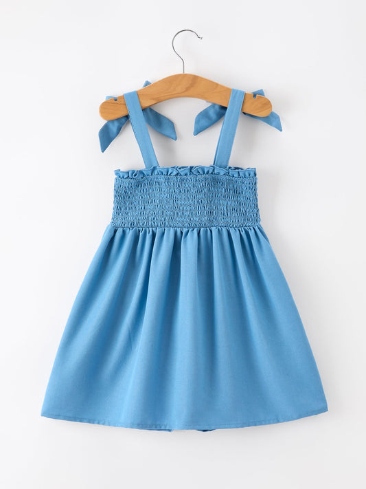 Summer Bow Girls Dress Smocked Strap Dress Bow Applique