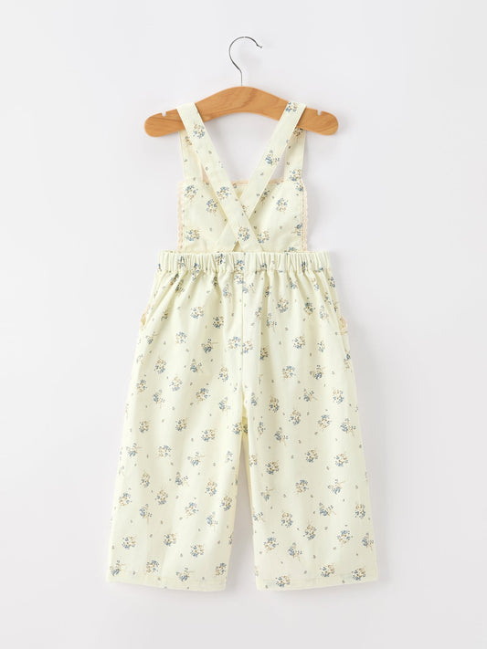Girls Floral Print Lace Trim Wide Leg Jumpsuit