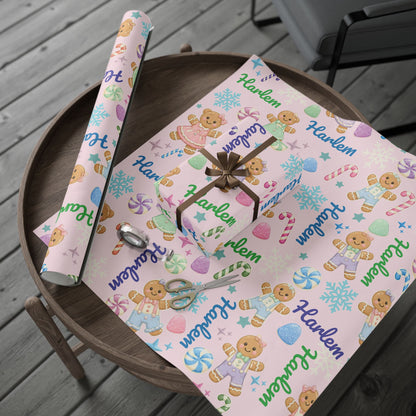 Personalized Pastel Gingerbread Bear Christmas Wrapping Paper | Custom Holiday Gift Wrap Roll for Kids & Girls | Cute Candy & Snowflake Gift Wrap