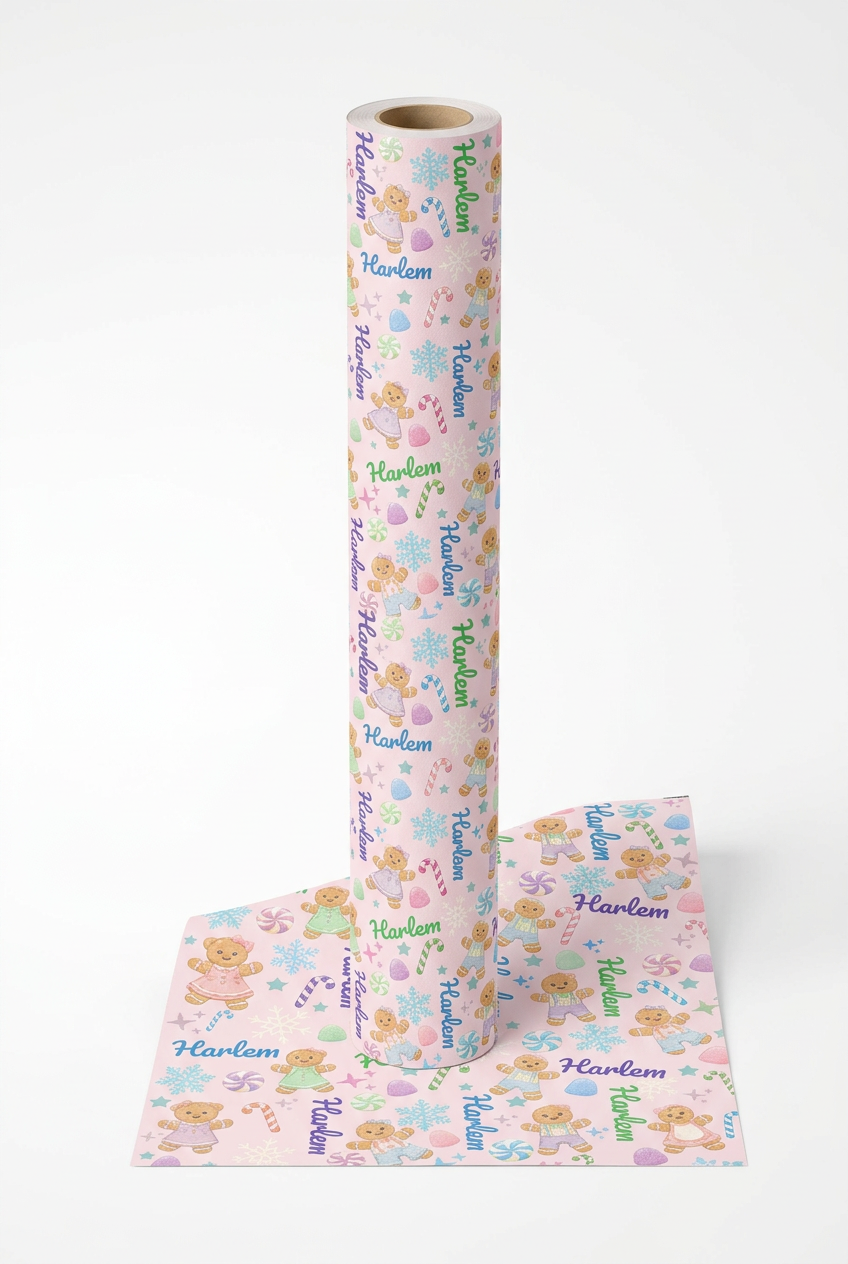 Personalized Pastel Gingerbread Bear Christmas Wrapping Paper | Custom Holiday Gift Wrap Roll for Kids & Girls | Cute Candy & Snowflake Gift Wrap