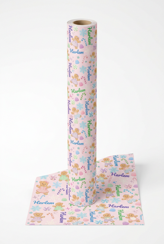 Personalized Pastel Gingerbread Bear Christmas Wrapping Paper | Custom Holiday Gift Wrap Roll for Kids & Girls | Cute Candy & Snowflake Gift Wrap