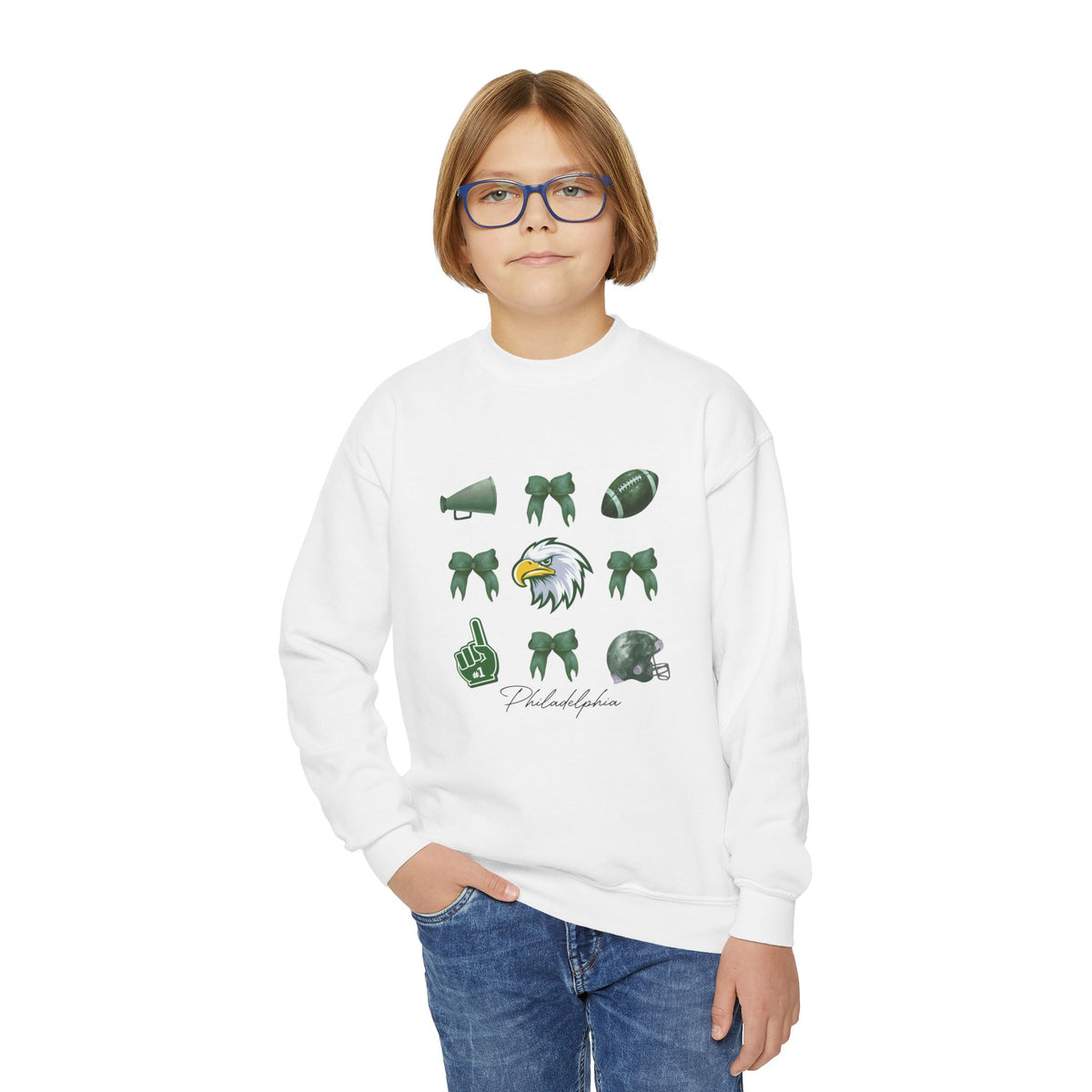 Youth Football Crewneck Sweatshirt — Eagles Helmet & Spirit Icons