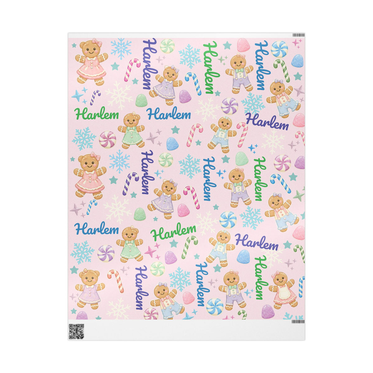 Personalized Pastel Gingerbread Bear Christmas Wrapping Paper | Custom Holiday Gift Wrap Roll for Kids & Girls | Cute Candy & Snowflake Gift Wrap