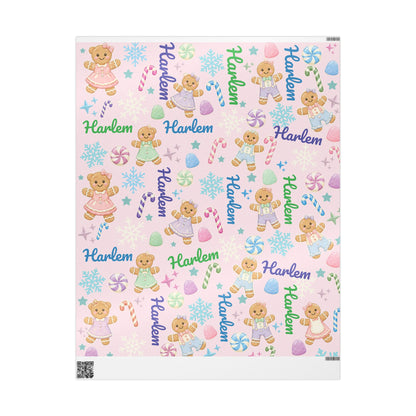 Personalized Pastel Gingerbread Bear Christmas Wrapping Paper | Custom Holiday Gift Wrap Roll for Kids & Girls | Cute Candy & Snowflake Gift Wrap