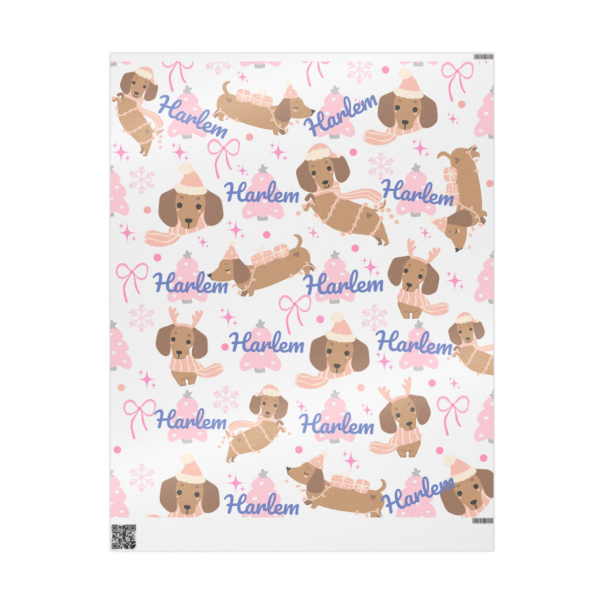 Personalized Pink Christmas Wrapping Paper – Custom Name Dachshund & Bow Holiday Gift Wrap